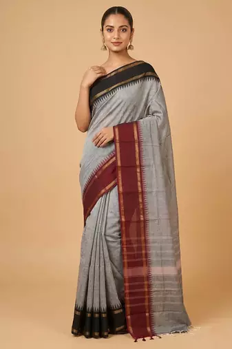 Grey with black and pink retta pettu kanchi cotton saree with blouse