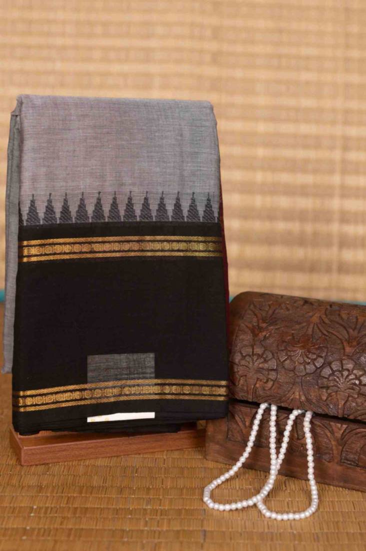 Grey with black and pink retta pettu kanchi cotton saree with blouse