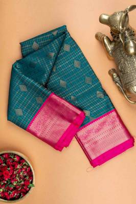 Peacock green and pink semi silk saree with blouse 1