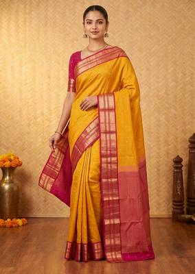 Yellow and pink zari checked silk saree with blouse 1