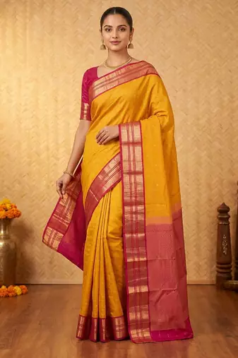 Yellow and pink zari checked silk saree with blouse