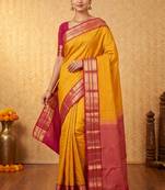 Yellow and pink zari checked silk saree with blouse