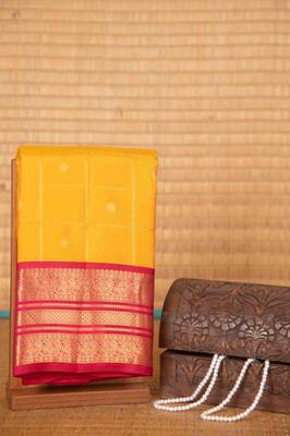 Yellow and pink zari checked silk saree with blouse 2