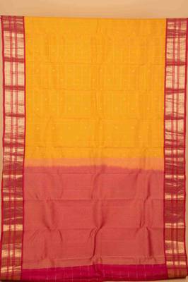 Yellow and pink zari checked silk saree with blouse 3