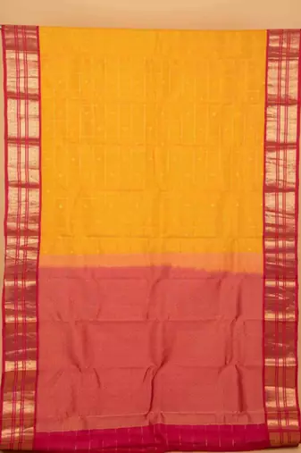 Yellow and pink zari checked silk saree with blouse