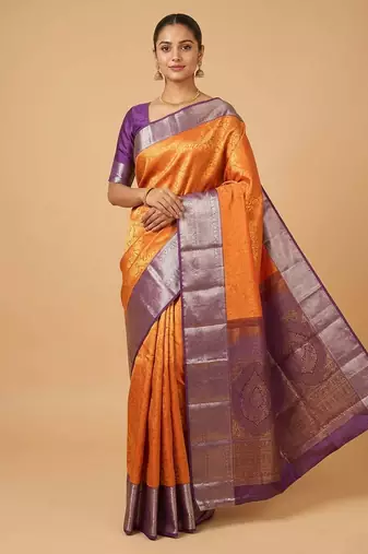 Orange and purple brocade silk saree with blouse
