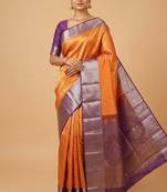 Orange and purple brocade silk saree with blouse