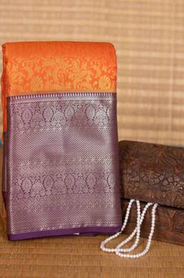 Orange and purple brocade silk saree with blouse 2