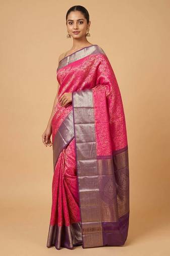Pink and purple brocade silk saree with blouse