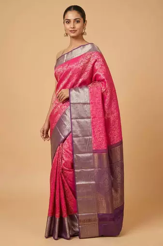 Pink and purple brocade silk saree with blouse