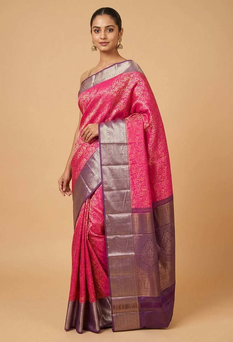 Pink and purple brocade silk saree with blouse