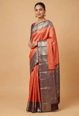 Orange and brown brocade silk saree with blouse 1
