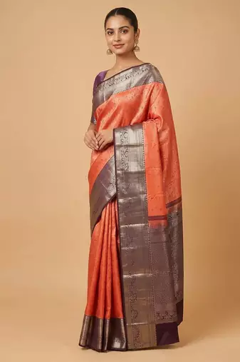 Orange and brown brocade silk saree with blouse