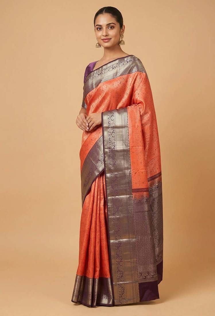 Orange and brown brocade silk saree with blouse