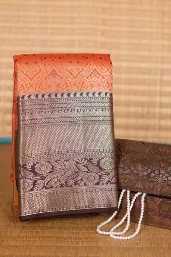 Orange and brown brocade silk saree with blouse