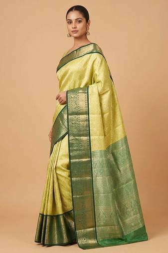 Yellow and green tissue silk saree with blouse