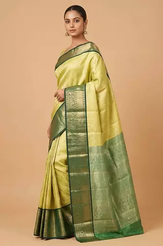 Yellow and green tissue silk saree with blouse