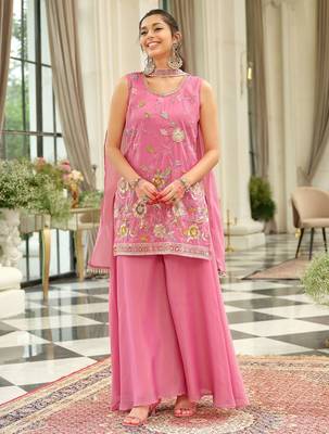 Floral Embroidered Thread Work Kurta with Palazzos & Dupatta 1