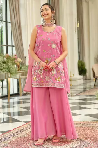 Floral Embroidered Thread Work Kurta with Palazzos & Dupatta