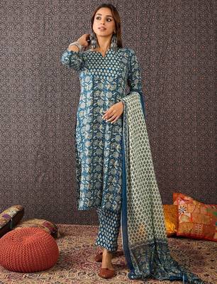 Women Ethnic Motifs Printed Cotton Kurta with Trousers & Dupatta 1