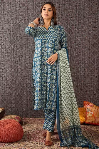 Women Ethnic Motifs Printed Cotton Kurta with Trousers & Dupatta