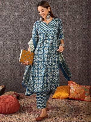 Women Ethnic Motifs Printed Cotton Kurta with Trousers & Dupatta 7