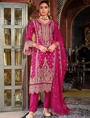 Ethnic Motifs Embroidered Zari V-Neck Straight Kurta & Palazzos With Dupatta 1