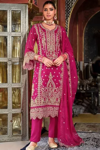Ethnic Motifs Embroidered Zari V-Neck Straight Kurta & Palazzos With Dupatta