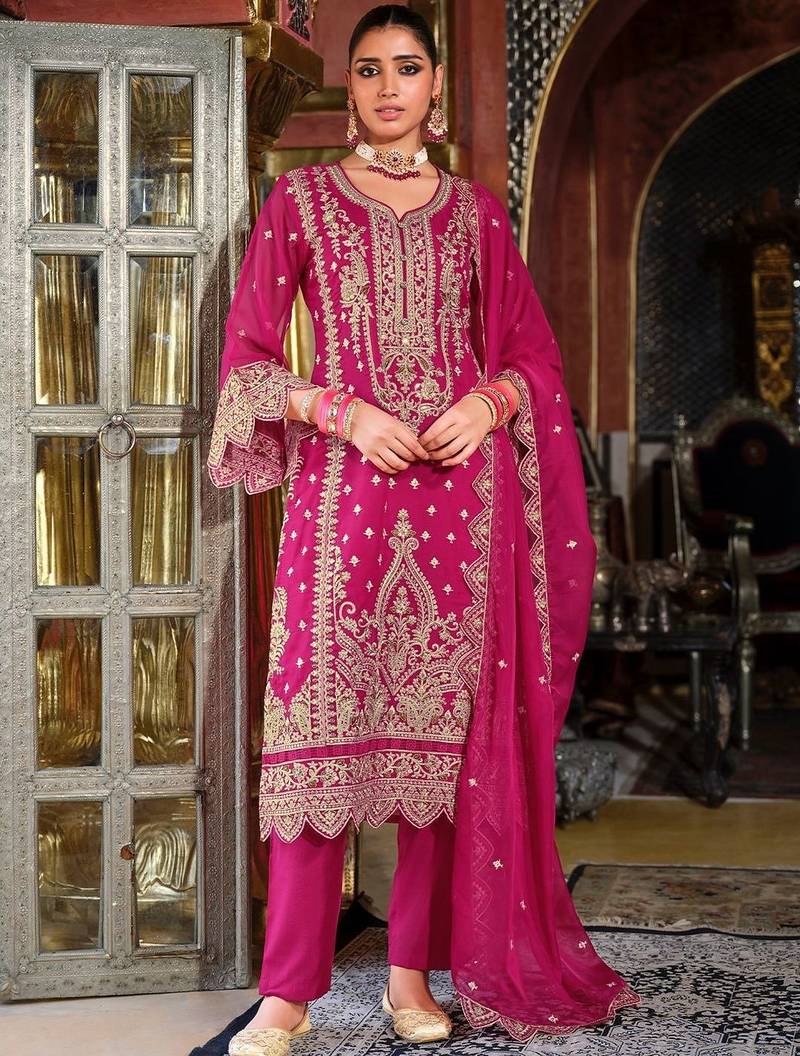Ethnic Motifs Embroidered Zari V-Neck Straight Kurta & Palazzos With Dupatta
