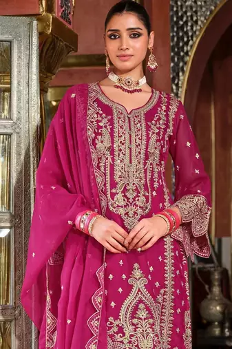 Ethnic Motifs Embroidered Zari V-Neck Straight Kurta & Palazzos With Dupatta
