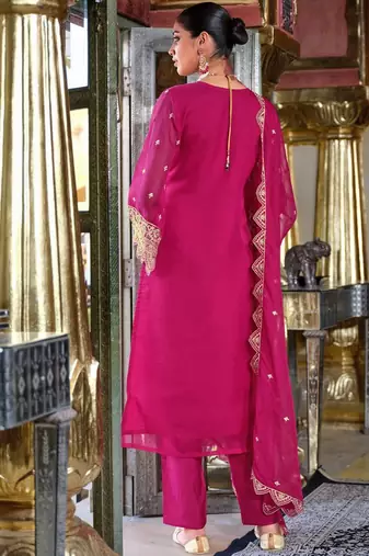 Ethnic Motifs Embroidered Zari V-Neck Straight Kurta & Palazzos With Dupatta