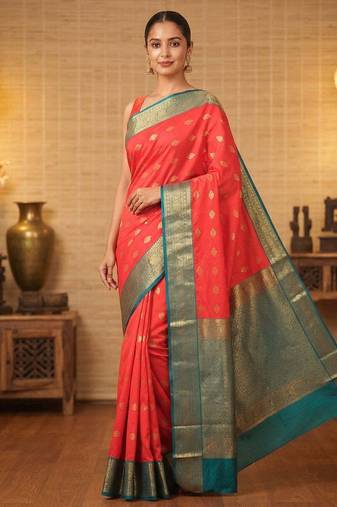 Red and teal korvai semi silk saree with blouse