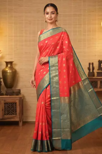 Red and teal korvai semi silk saree with blouse
