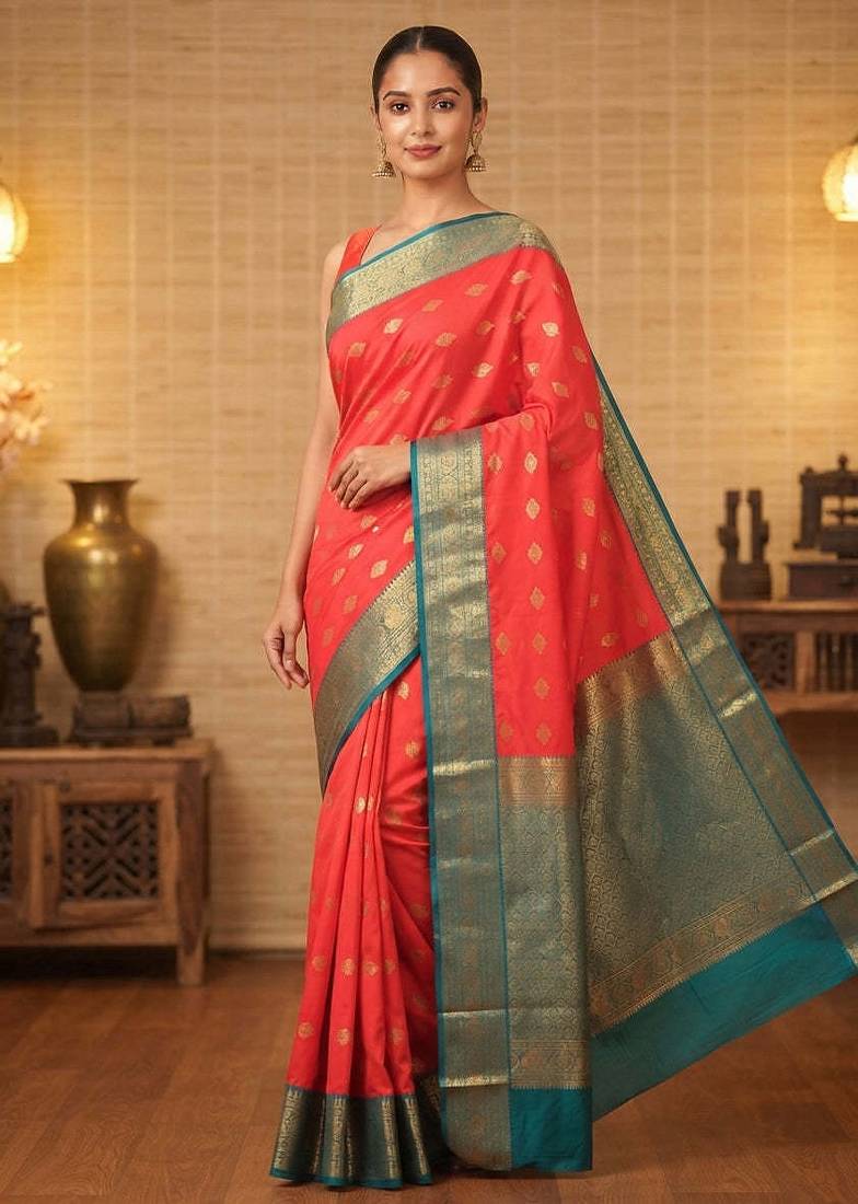 Red and teal korvai semi silk saree with blouse