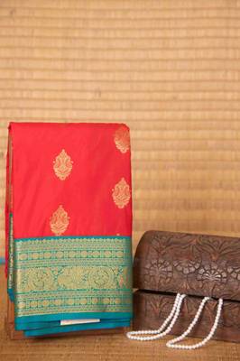 Red and teal korvai semi silk saree with blouse 2