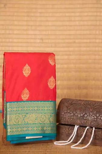 Red and teal korvai semi silk saree with blouse