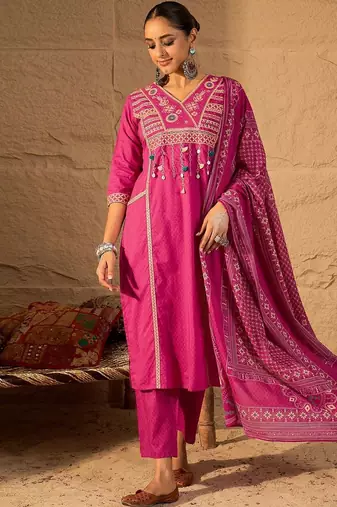 women ethnic motifs embroidered cotton kurta with trousers & dupatta