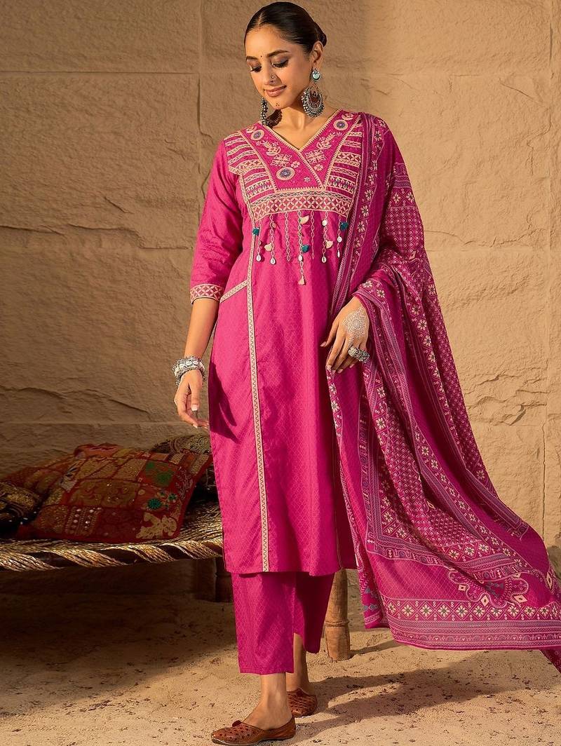 Women Ethnic Motifs Embroidered Cotton Kurta with Trousers & Dupatta