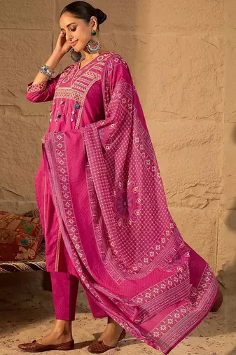 women ethnic motifs embroidered cotton kurta with trousers & dupatta