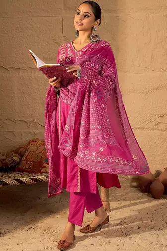 women ethnic motifs embroidered cotton kurta with trousers & dupatta