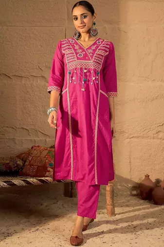 women ethnic motifs embroidered cotton kurta with trousers & dupatta