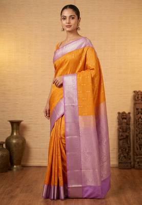 Marigold yellow and lavender soft silk saree with blouse 1
