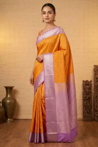Marigold yellow and lavender soft silk saree with blouse