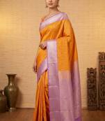 Marigold yellow and lavender soft silk saree with blouse