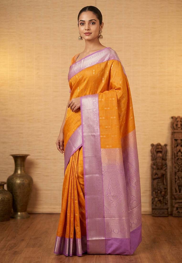 Marigold yellow and lavender soft silk saree with blouse