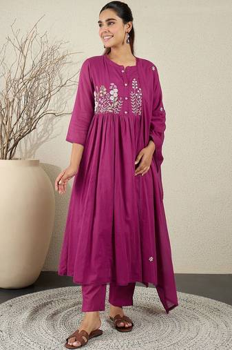 Women Floral Embroidered Cotton Anarkali Kurta with Trousers & Dupatta