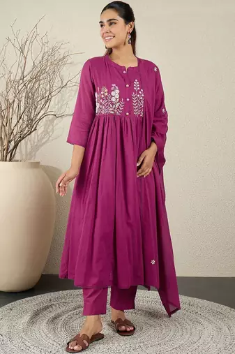Women Floral Embroidered Cotton Anarkali Kurta with Trousers & Dupatta