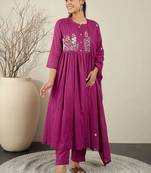 Women Floral Embroidered Cotton Anarkali Kurta with Trousers & Dupatta