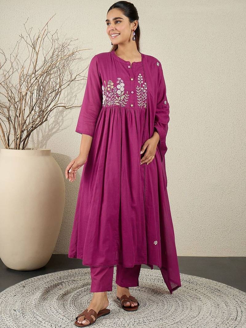 Women Floral Embroidered Cotton Anarkali Kurta with Trousers & Dupatta
