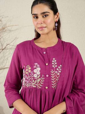 Women Floral Embroidered Cotton Anarkali Kurta with Trousers & Dupatta 2